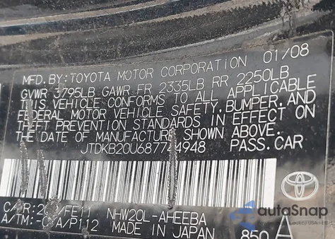 2008 Toyota Prius z USA, uszkodzony, nr VIN JTDKB20U687744948